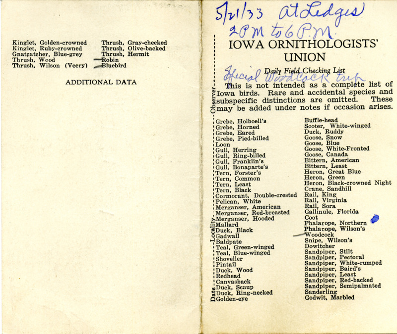 Bird checklist dated May 21, 1933. This checklist was used by Walter Rosene to record birds sighted around the Ledges between 2:00 and 6:00.