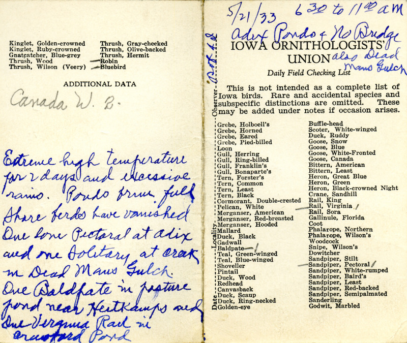 Bird checklist dated May 21, 1933. This checklist was used by Walter Rosene to record birds sighted around Adix Pond, North Bridge, and Dead Man's Gulch with Bob Walker between 6:30 and 11:00.