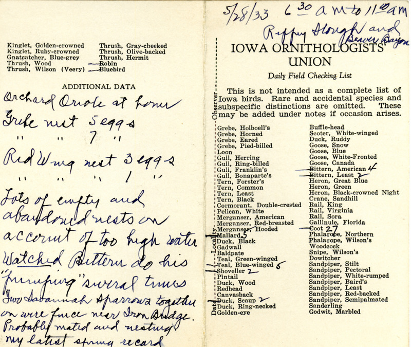 Bird checklist dated May 28, 1933. This checklist was used by Walter Rosene to record birds sighted around Rippey Slough and Beaver Bayou between 6:30 and 11:00.