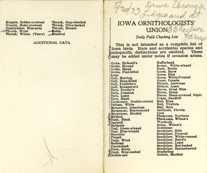 Bird checklist dated May 30, 1933. This checklist was used by Walter Rosene to record birds sighted around the Ledges and Carlson Farm.