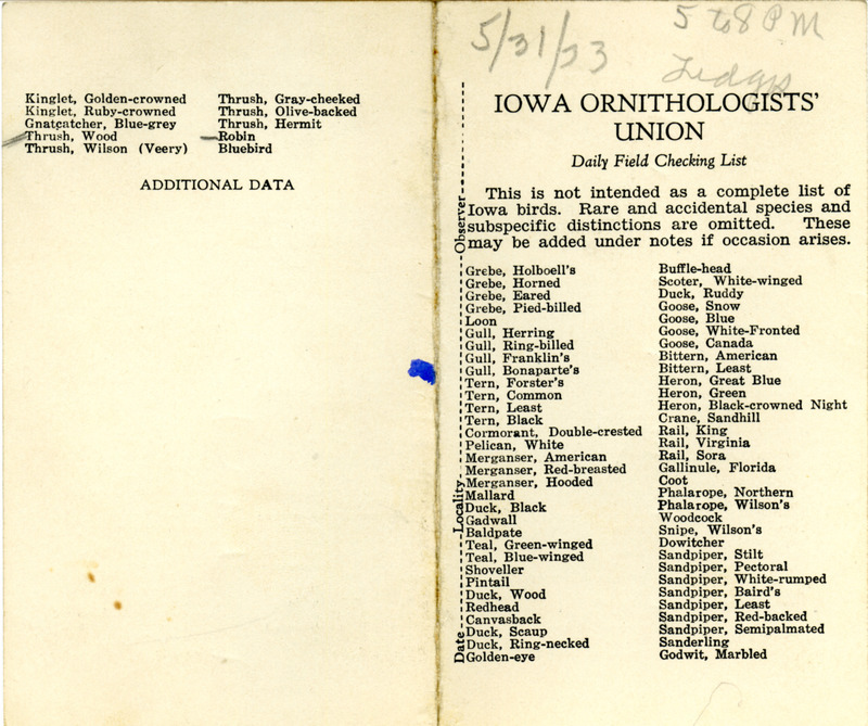 Bird checklist dated May 31, 1933. This checklist was used by Walter Rosene to record birds sighted around the Ledges between 5:00 and 8:00.