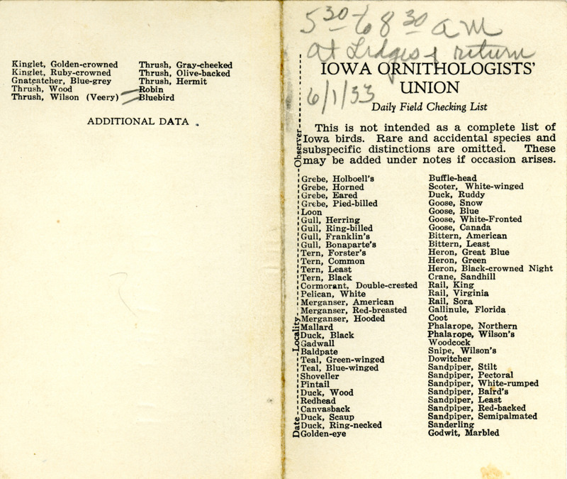 Bird checklist dated June 1, 1933. This checklist was used by Walter Rosene to record birds sighted around the Ledges between 5:30 and 8:30.