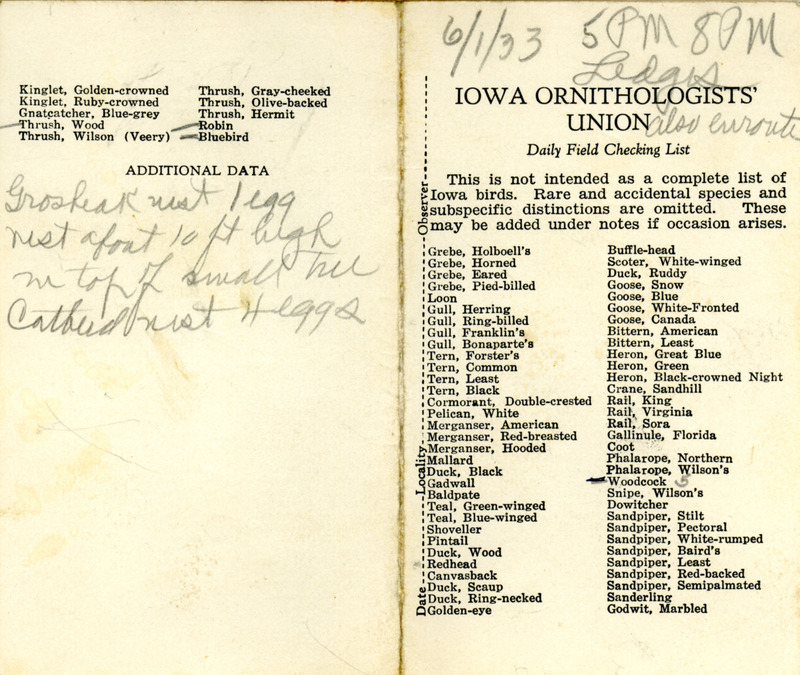 Bird checklist dated June 1, 1933. This checklist was used by Walter Rosene to record birds sighted around the Ledges between 5:00 and 8:00.