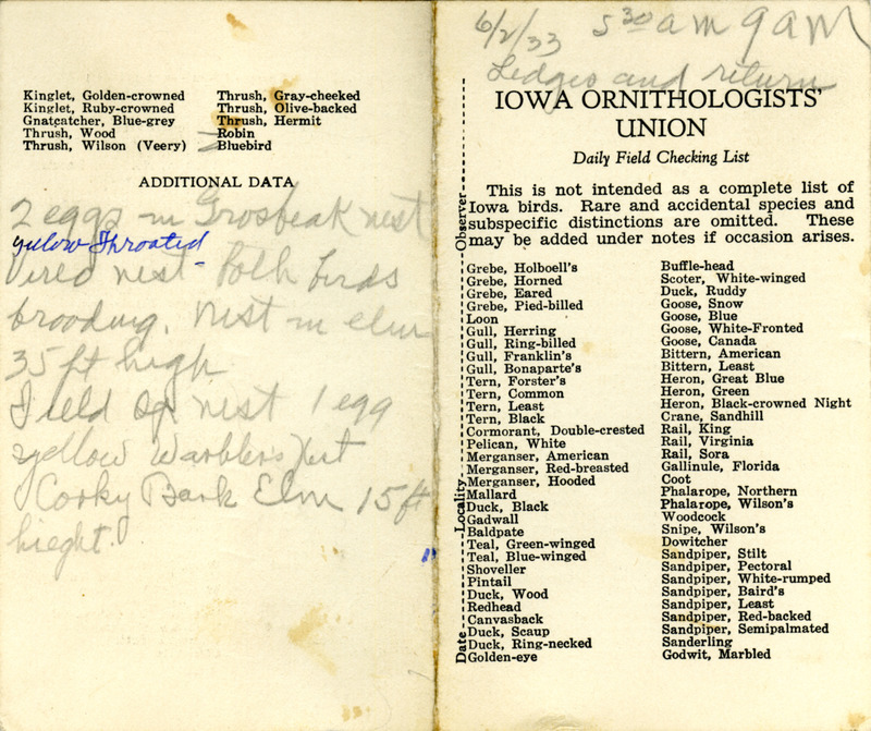 Bird checklist dated June 2, 1933. This checklist was used by Walter Rosene to record birds sighted around the Ledges between 5:30 and 9:00.