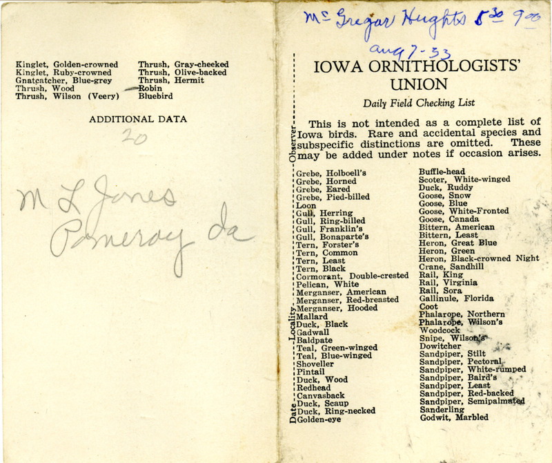 Bird checklist dated August 7, 1933. This checklist was used by Walter Rosene to record birds sighted around McGregor Heights between 5:30 and 9:00.