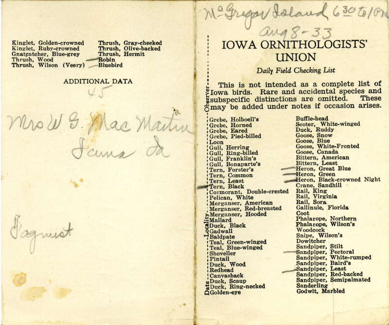 Bird checklist dated August 8, 1933. This checklist was used by Walter Rosene to record birds sighted around McGregor Island between 6:30 and 1:00.