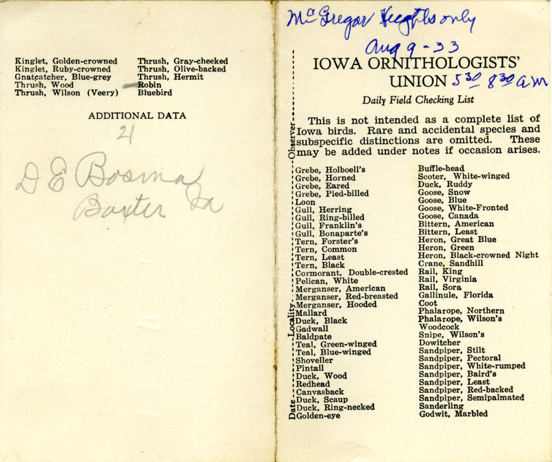 Bird checklist dated August 9, 1933. This checklist was used by Walter Rosene to record birds sighted around McGregor Heights between 5:30 and 8:30.