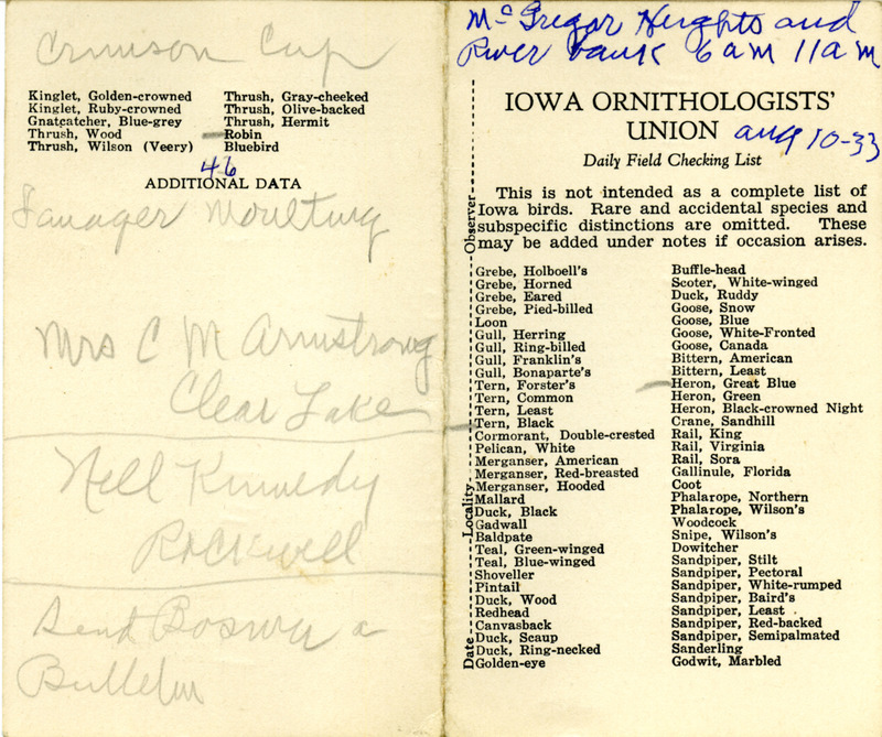 Bird checklist dated August 10, 1933. This checklist was used by Walter Rosene to record birds sighted around McGregor Heights between 6:00 and 11:00.