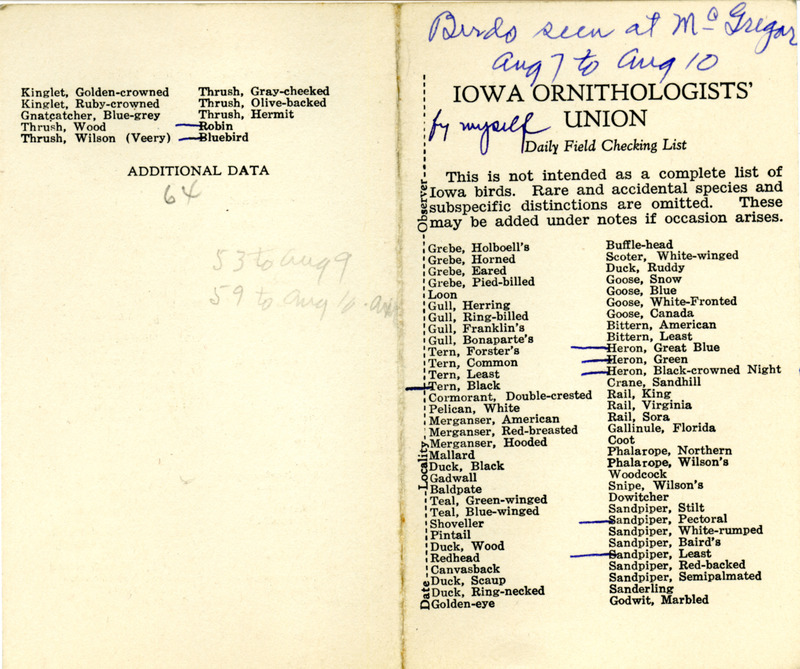 Bird checklist dated August 7 to August 10, 1933. This checklist was used by Walter Rosene to record birds sighted around McGregor.