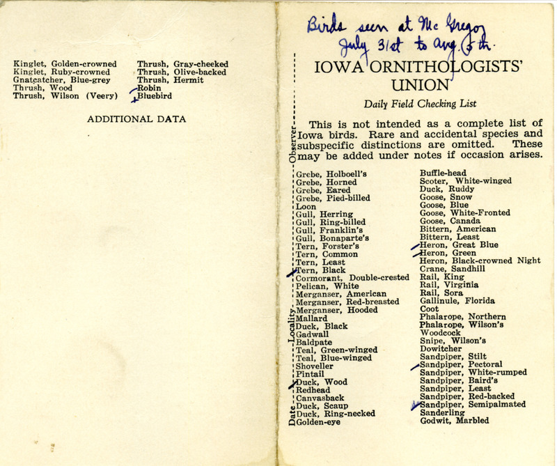 Bird checklist dated July 31 to August 5, 1933. This checklist was used by Walter Rosene to record birds sighted around McGregor.