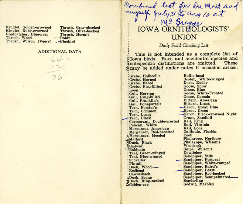 Bird checklist dated July 31 to August 10, 1933. This checklist was used by Walter Rosene to record birds sighted around McGregor with Philip DuMont.