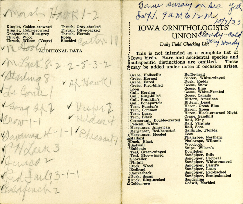 Bird checklist dated October 7, 1933. This checklist was used by Walter Rosene to record birds sighted around Yell Township, Boone County between 9:00 and 12:00.