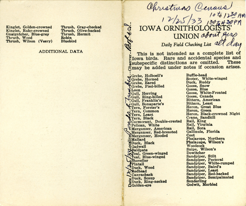 Bird checklist dated December 25, 1933. This checklist was used by Walter Rosene to record birds sighted around Boone County with Bob Walker between 10:00 and 12:50, and 1:30 and 4:30.