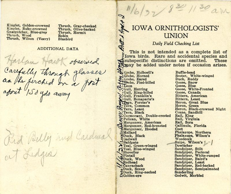 Bird checklist dated November 6, 1932. This checklist was used by Walter Rosene to record birds sighted around Beaver Bayou and Rippey Slough with Bob Walker and Syd between 8:30 and 11:30.