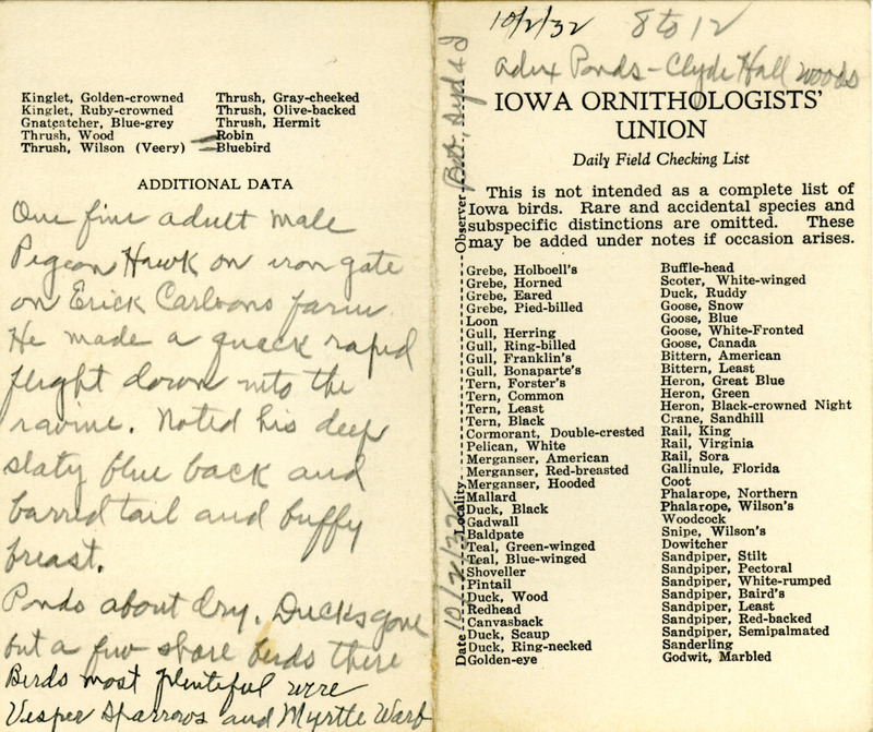 Bird checklist dated October 2, 1932. This checklist was used by Walter Rosene to record birds sighted around Adix Ponds and Clyde Hall Woods with Bob Walker and Syd between 8:00 and 12:00.