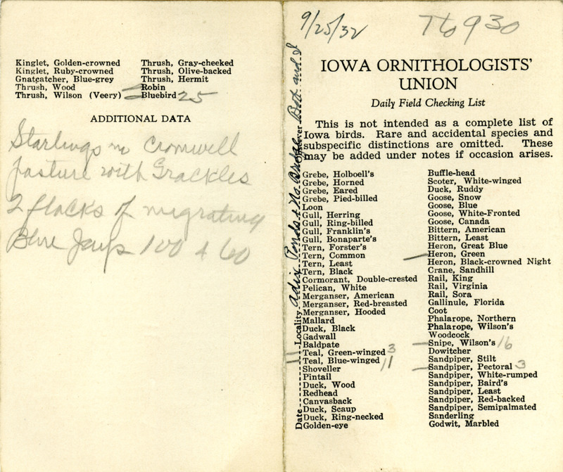 Bird checklist dated September 25, 1932. This checklist was used by Walter Rosene to record birds sighted around Adix Ponds and North Bridge with Bob Walker between 7:00 and 9:30.