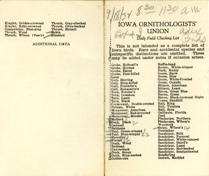 Bird checklist dated September 18, 1932. This checklist was used by Walter Rosene to record birds sighted around Adix Ponds with Bob Walker between 8:30 and 11:30.