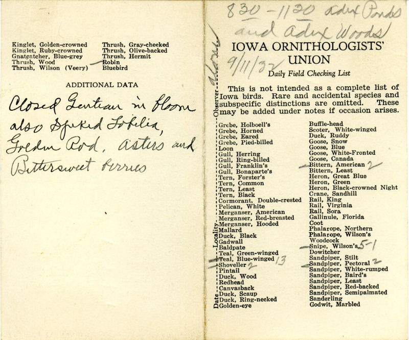 Bird checklist dated September 11, 1932. This checklist was used by Walter Rosene to record birds sighted around Adix Ponds and Adix Woods between 8:30 and 11:30.