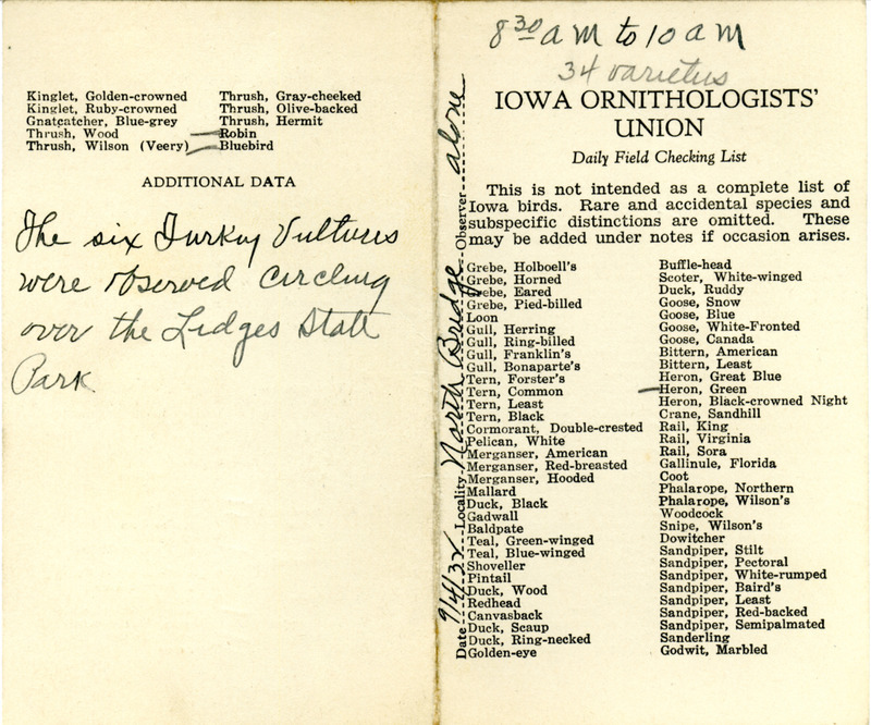 Bird checklist dated September 4, 1932. This checklist was used by Walter Rosene to record birds sighted around North Bridge between 8:30 and 10:00.