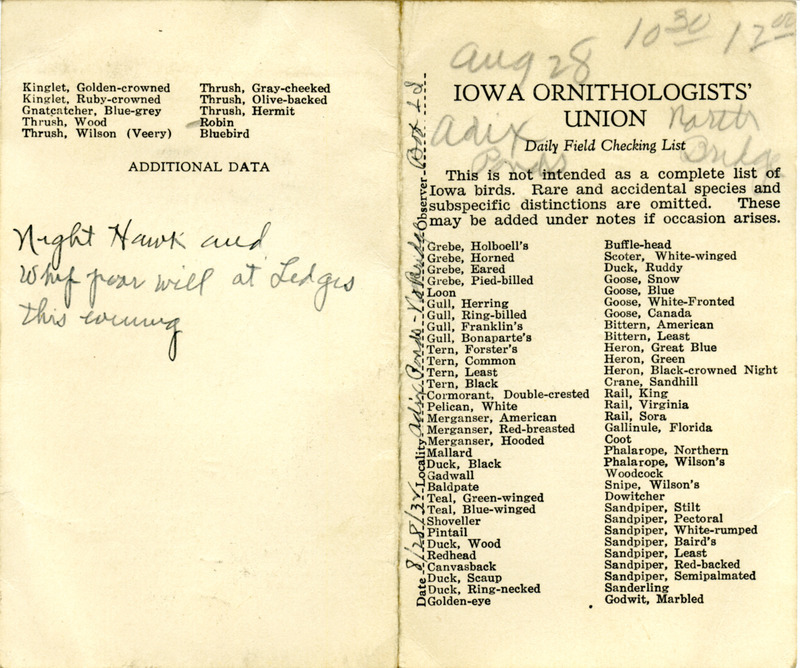 Bird checklist dated August 28, 1932. This checklist was used by Walter Rosene to record birds sighted around Adix Ponds and North Bridge with Bob Walker between 10:30 and 12:00.