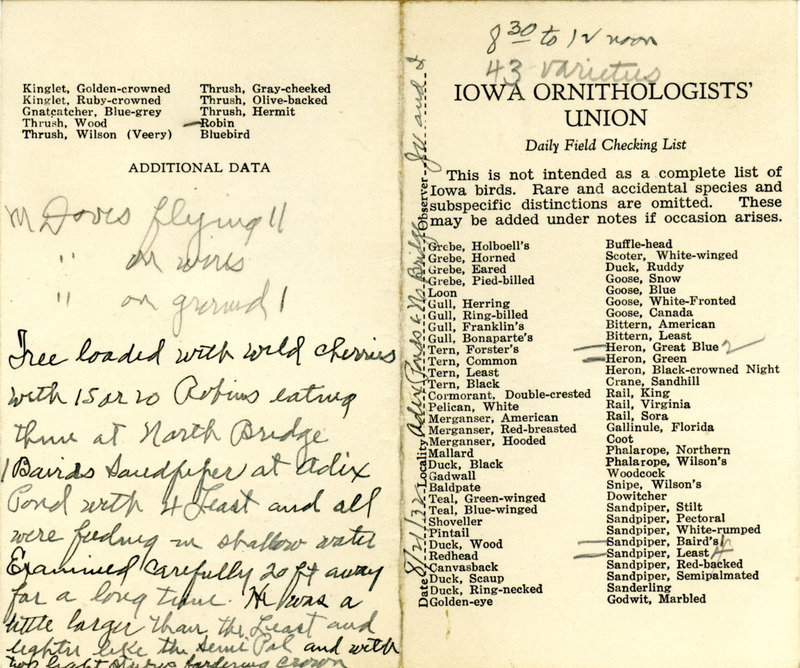 Bird checklist dated August 21, 1932. This checklist was used by Walter Rosene to record birds sighted around Adix Pond and North Bridge with Walter Jr. between 8:30 and 12:00.