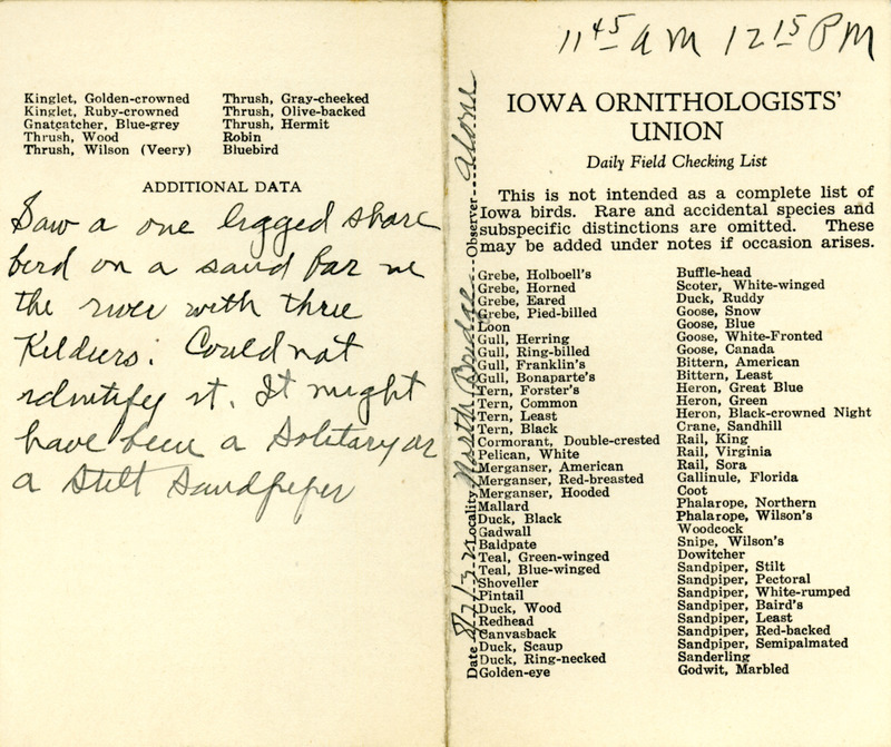 Bird checklist dated August 7, 1932. This checklist was used by Walter Rosene to record birds sighted around North Bridge between 11:45 and 12:15.