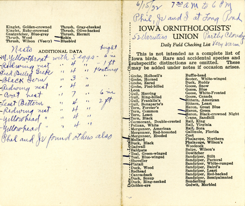 Bird checklist dated June 15, 1932. This checklist was used by Walter Rosene to record birds sighted around Long Pond with Philip DuMont and Walter Jr. between 7:30 and 6:00.