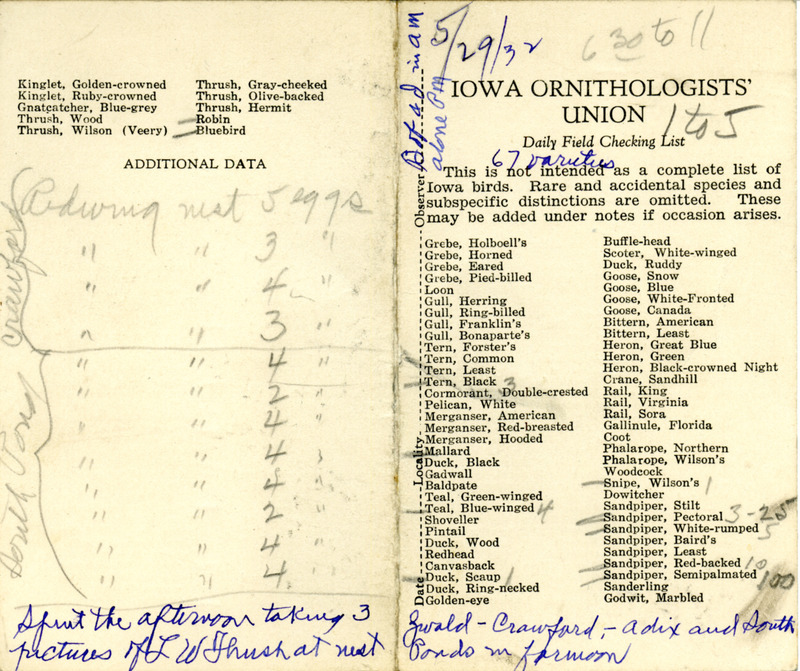 Bird checklist dated May 29, 1932. This checklist was used by Walter Rosene to record birds sighted around Boone County with Bob Walker between 6:30 and 11:00, and 1:00 and 5:00.