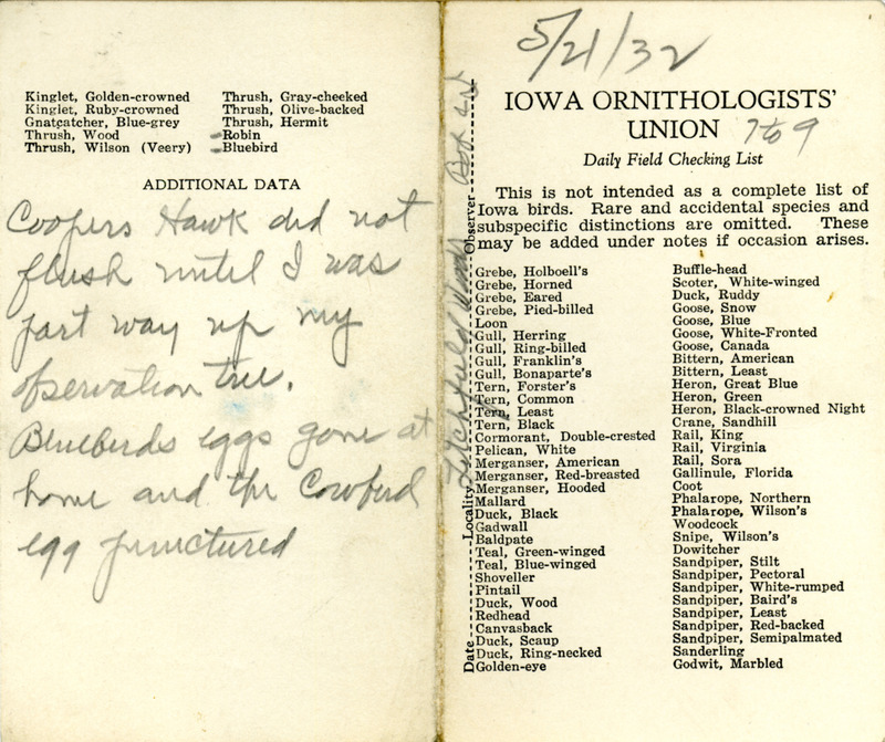 Bird checklist dated May 21, 1932. This checklist was used by Walter Rosene to record birds sighted around Litchfield Woods with Bob Walker between 7:00 and 9:00.