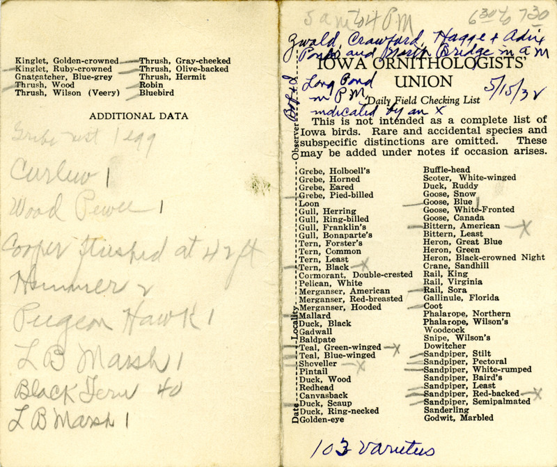 Bird checklist dated May 15, 1932. This checklist was used by Walter Rosene to record birds sighted around Boone County with Bob Walker between 5:00 and 4:00 and Long Pond between 6:30 and 7:30.