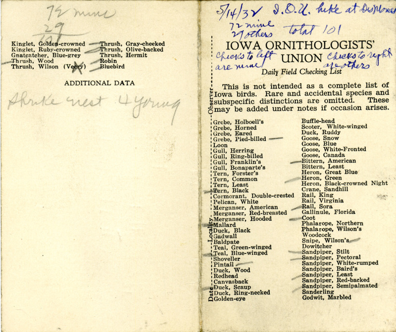 Bird checklist dated May 14, 1932. This checklist was used by Walter Rosene to record birds sighted around Des Moines during the field trip at the tenth annual meeting of the Iowa Ornithologists' Union.