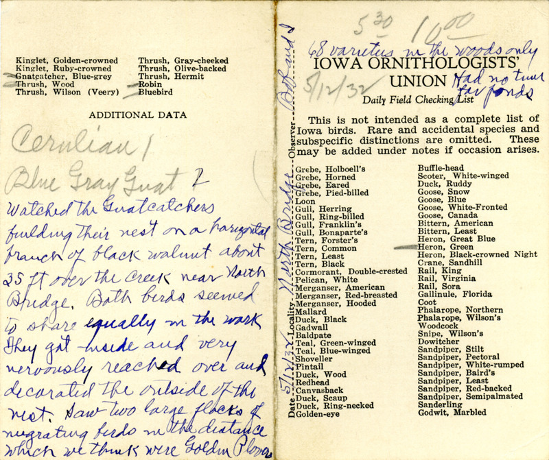 Bird checklist dated May 12, 1932. This checklist was used by Walter Rosene to record birds sighted around North Bridge with Bob Walker between 5:30 and 10:00.