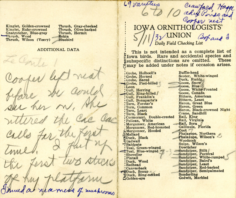 Bird checklist dated May 11, 1932. This checklist was used by Walter Rosene to record birds sighted around Boone County with Bob Walker between 6:00 and 10:00.