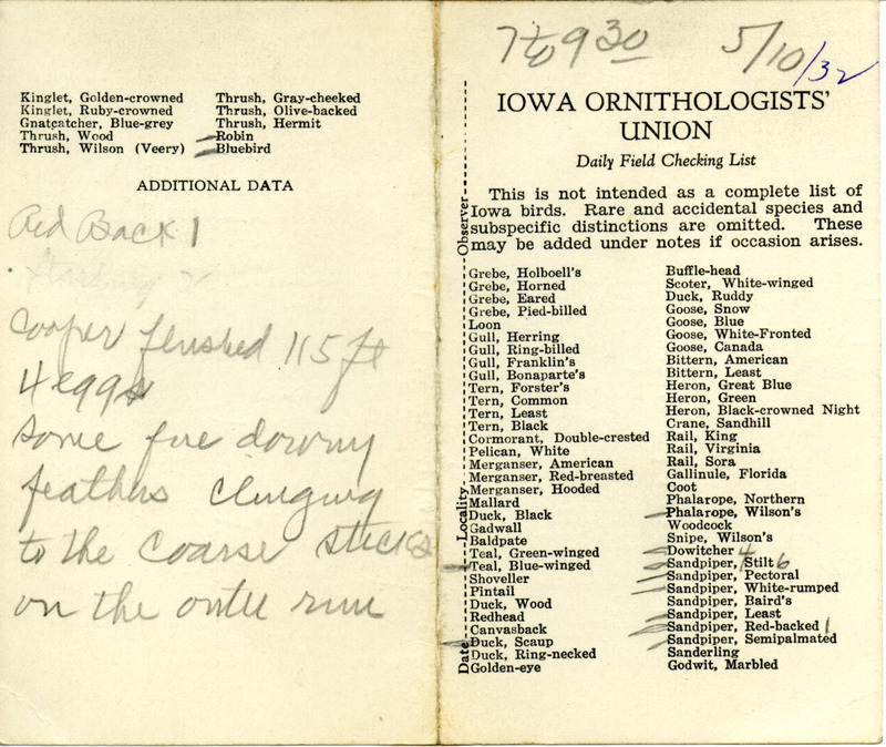 Bird checklist dated May 10, 1932. This checklist was used by Walter Rosene to record birds sighted around Boone County between 7:00 and 9:30.