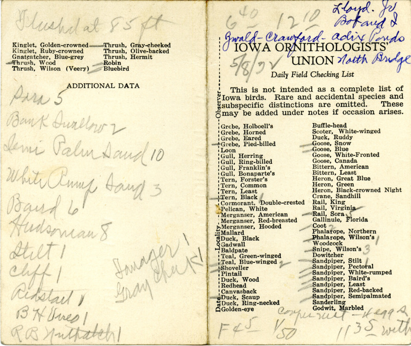 Bird checklist dated May 8, 1932. This checklist was used by Walter Rosene to record birds sighted around Boone County with Bob Walker, Lloyd, and Walter Jr. between 6:40 and 12:10.