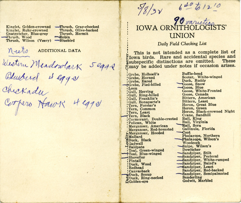 Bird checklist dated May 8, 1932. This checklist was used by Walter Rosene to record birds sighted around Boone County between 6:40 and 12:10. This checklist is virtually the same as another checklist with this date but with different notes and one additional bird marked.