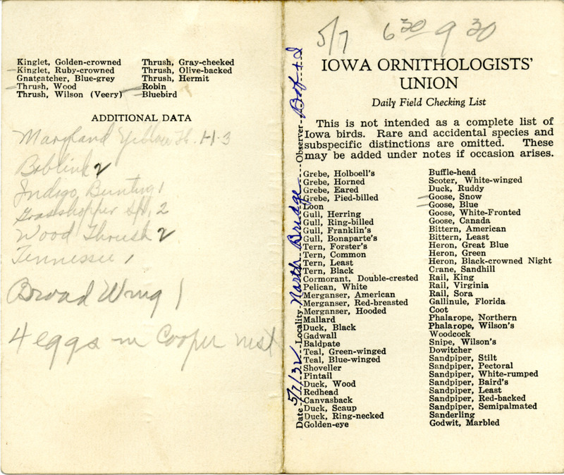 Bird checklist dated May 7, 1932. This checklist was used by Walter Rosene to record birds sighted around North Bridge with Bob Walker between 6:30 and 9:30.