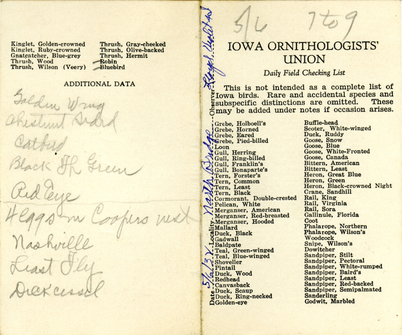 Bird checklist dated May 6, 1932. This checklist was used by Walter Rosene to record birds sighted around North Bridge with Lloyd and Violet between 7:00 and 9:00.