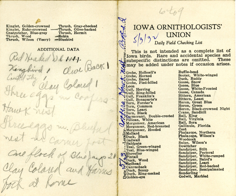 Bird checklist dated May 3, 1932. This checklist was used by Walter Rosene to record birds sighted around Boone County with Bob Walker between 6:00 and 9:00.