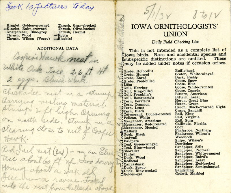 Bird checklist dated May 1, 1932. This checklist was used by Walter Rosene to record birds sighted around Boone County with Bob Walker between 8:00 and 12:00.