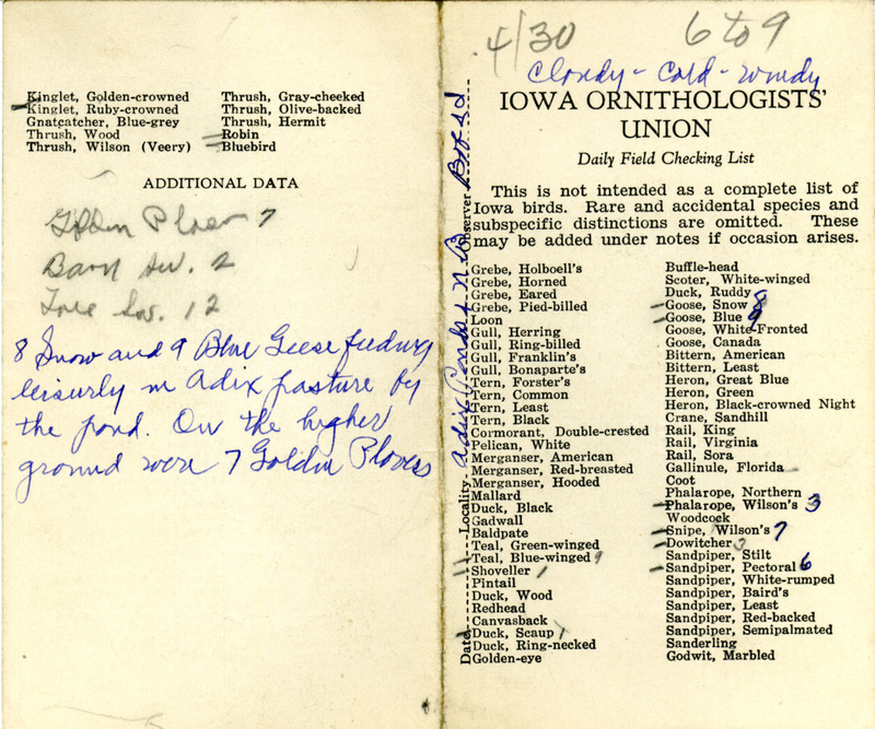 Bird checklist dated April 30, 1932. This checklist was used by Walter Rosene to record birds sighted around Adix Ponds and North Bridge with Bob Walker between 6:00 and 9:00.