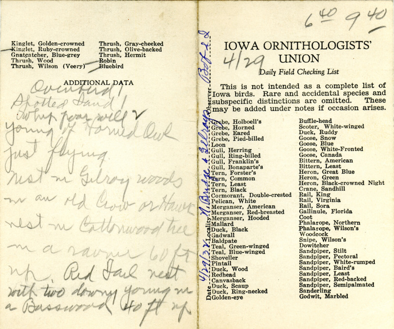 Bird checklist dated April 29, 1932. This checklist was used by Walter Rosene to record birds sighted around North Bridge and Gilroy Woods with Bob Walker between 6:40 and 9:40.