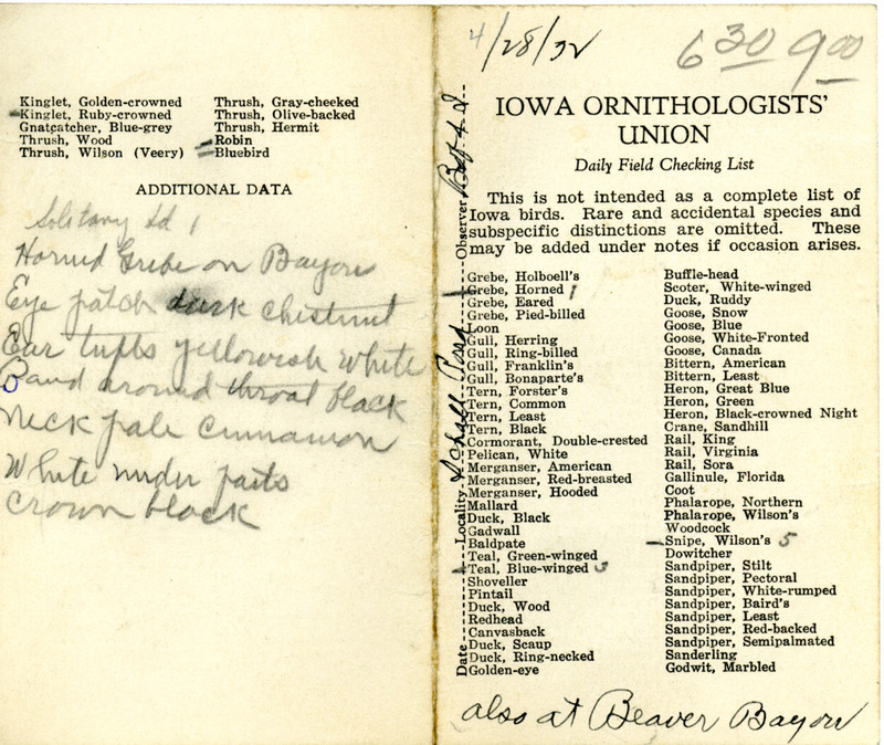 Bird checklist dated April 28, 1932. This checklist was used by Walter Rosene to record birds sighted around Schall Pond and Beaver Bayou with Bob Walker between 6:30 and 9:00.