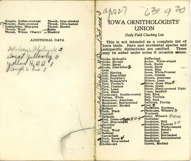 Bird checklist dated April 27, 1932. This checklist was used by Walter Rosene to record birds sighted around Adix Pond and North Bridge with Bob Walker between 6:30 and 9:30.