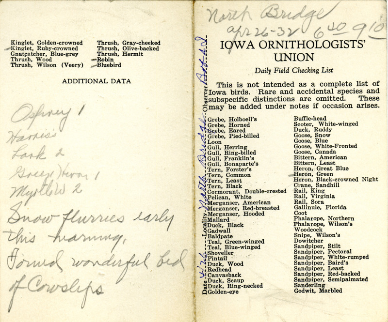 Bird checklist dated April 26, 1932. This checklist was used by Walter Rosene to record birds sighted around North Bridge with Bob Walker between 6:40 and 9:10.