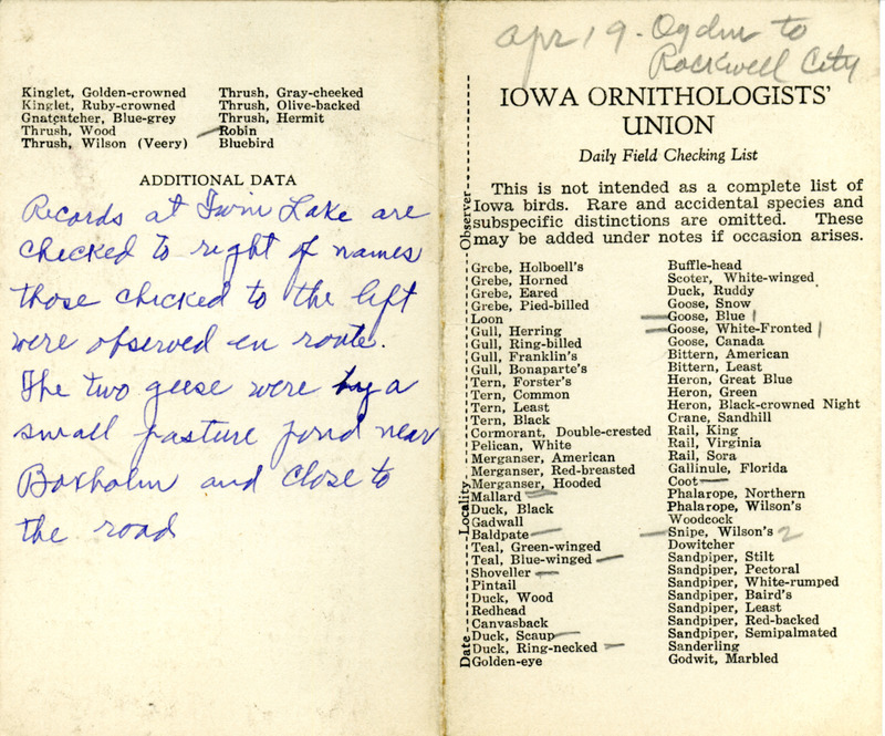 Bird checklist dated April 19, 1932. This checklist was used by Walter Rosene to record birds sighted enroute from Ogden to Rockwell City.