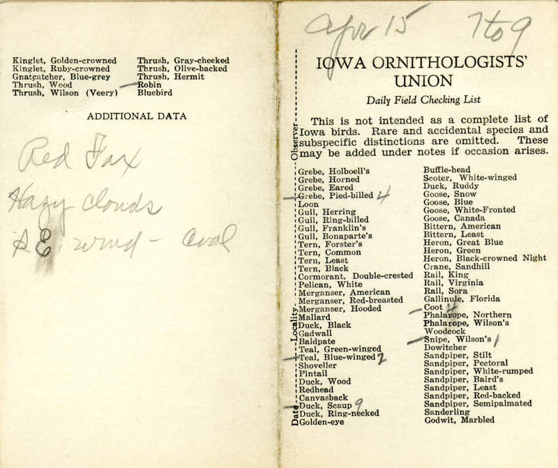 Bird checklist dated April 15, 1932. This checklist was used by Walter Rosene to record birds sighted around Boone County between 7:00 and 9:00.