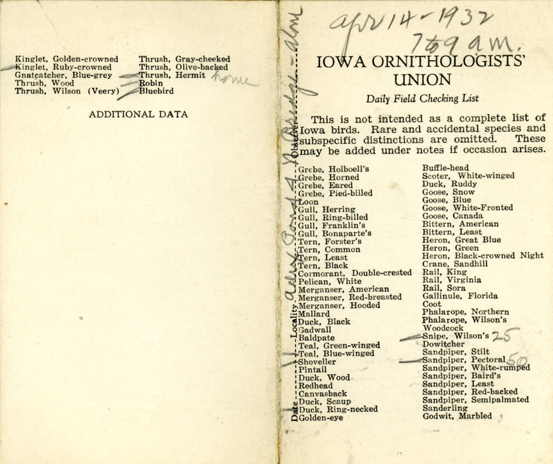 Bird checklist dated April 14, 1932. This checklist was used by Walter Rosene to record birds sighted around Adix Pond and North Bridge between 7:00 and 9:00.