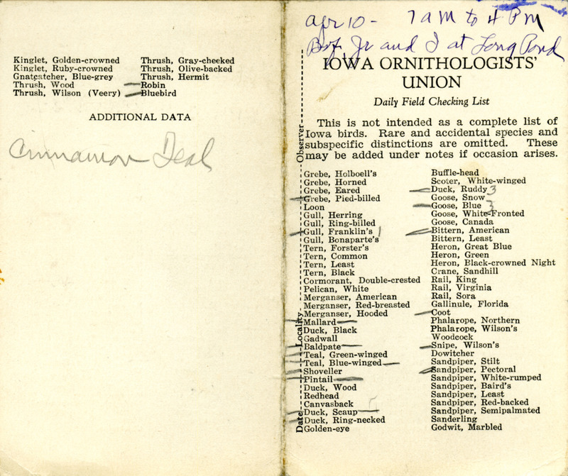 Bird checklist dated April 10, 1932. This checklist was used by Walter Rosene to record birds sighted around Long Pond with Bob Walker and Walter Jr. between 7:00 and 4:00.