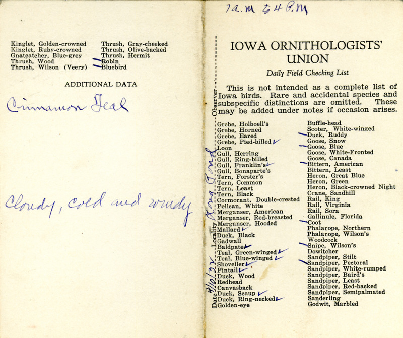 Bird checklist dated April 10, 1932. This checklist was used by Walter Rosene to record birds sighted around Long Pond between 7:00 and 4:00. This checklist is virtually the same as another checklist with this date but with different notes.